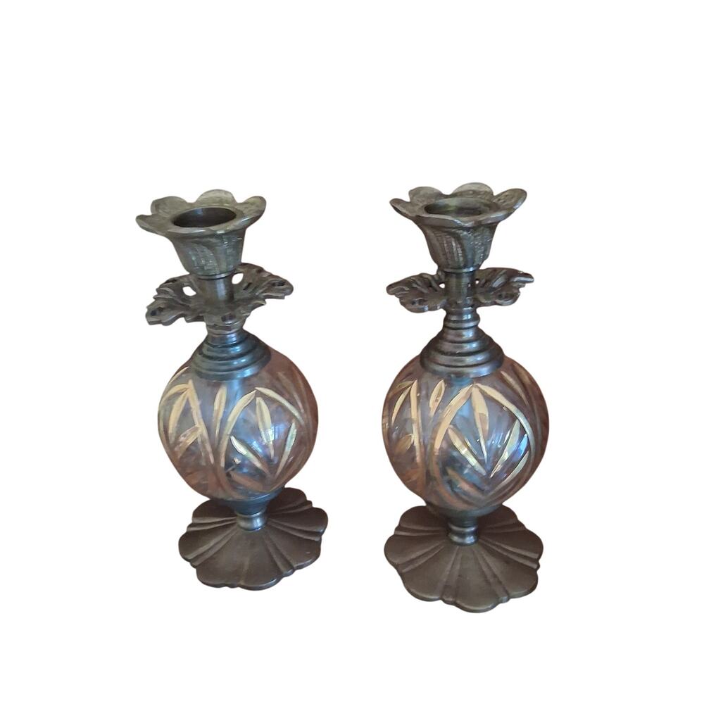 Vintage candle holder pair etched glass and brass 6" tall